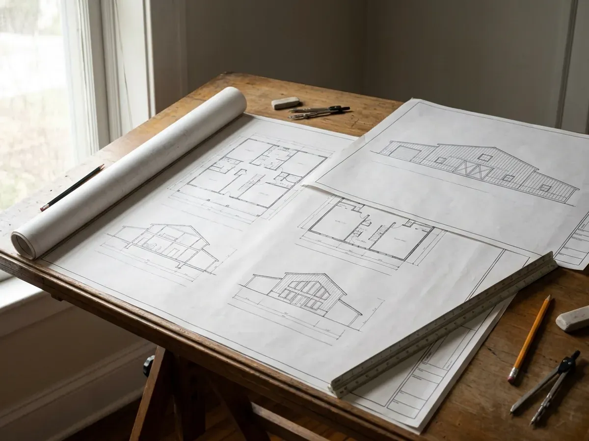Barndominium floor plan and elevation drawings laid out on a drafting table with a scale rule.