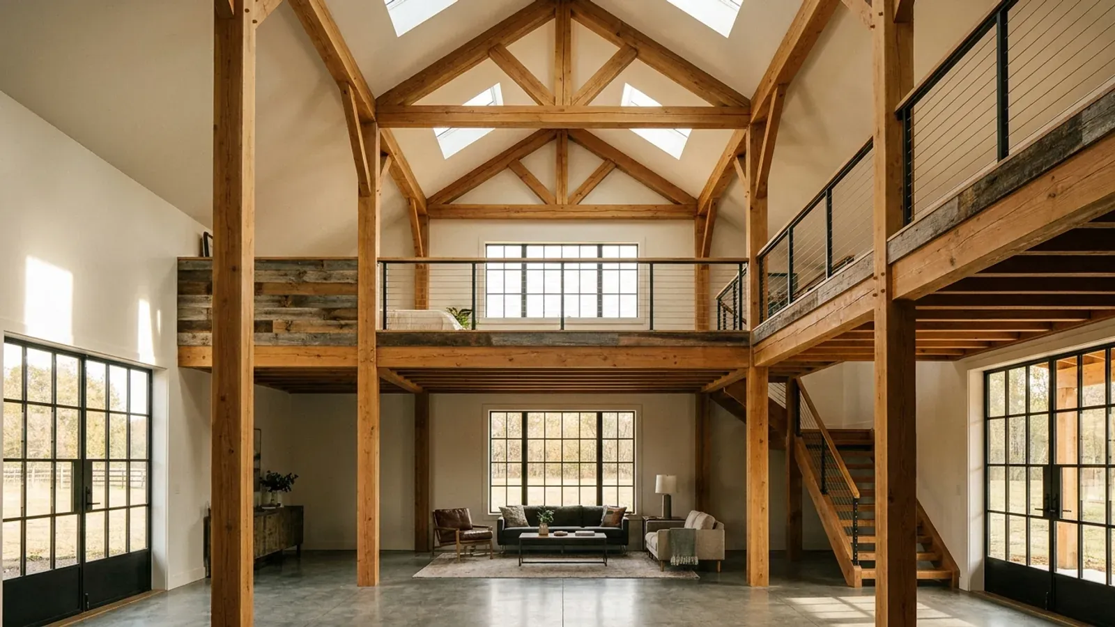 A barndominium great room with an open loft level and railing built over part of the room, reached by an open staircase.