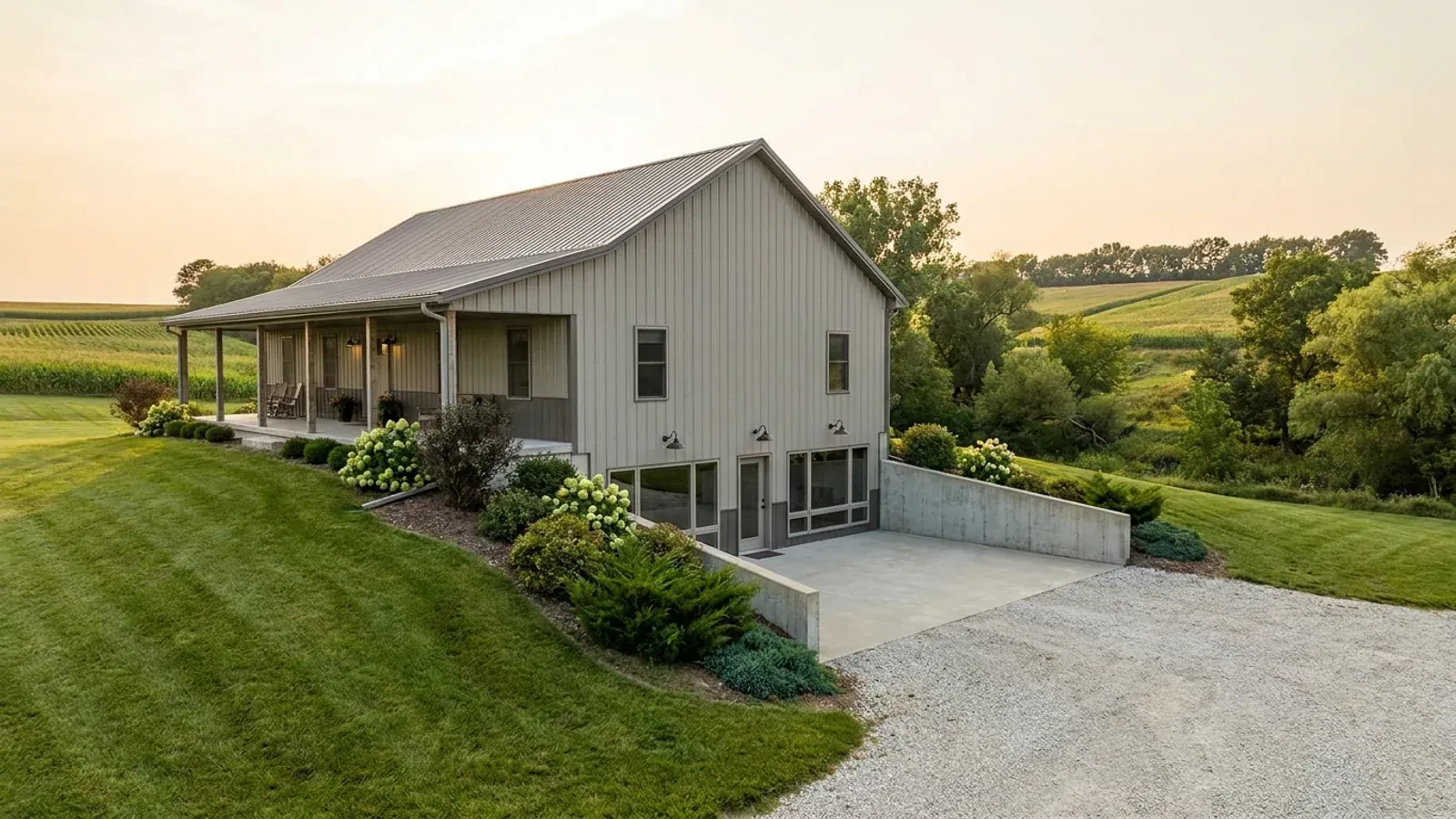A barndominium with a walkout basement built into a sloping lot, the lower level opening onto a patio at grade.