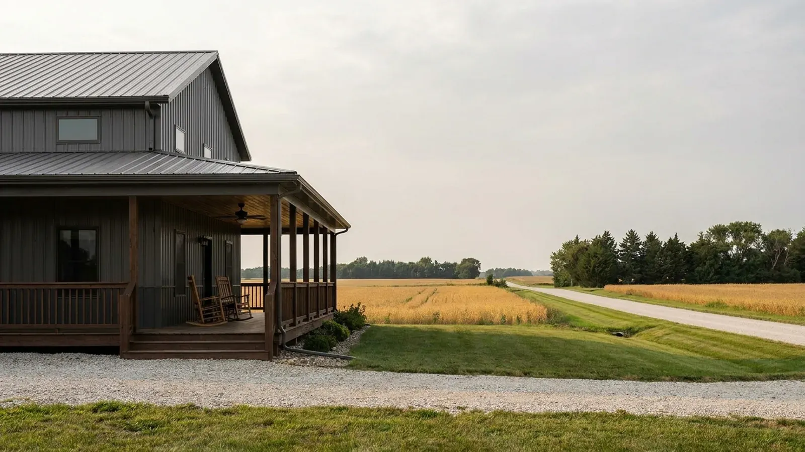 A barndominium exterior showing a deep wrap-around covered porch with posts and railing along two sides of the building.