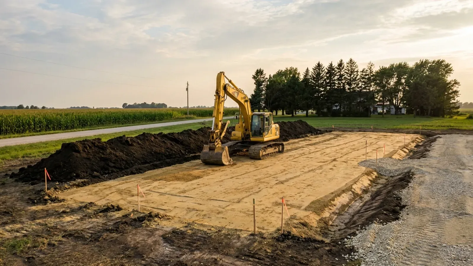 An excavator grading a building pad on a cleared rural lot, with stripped black topsoil stockpiled to one side and survey stakes along the edge.