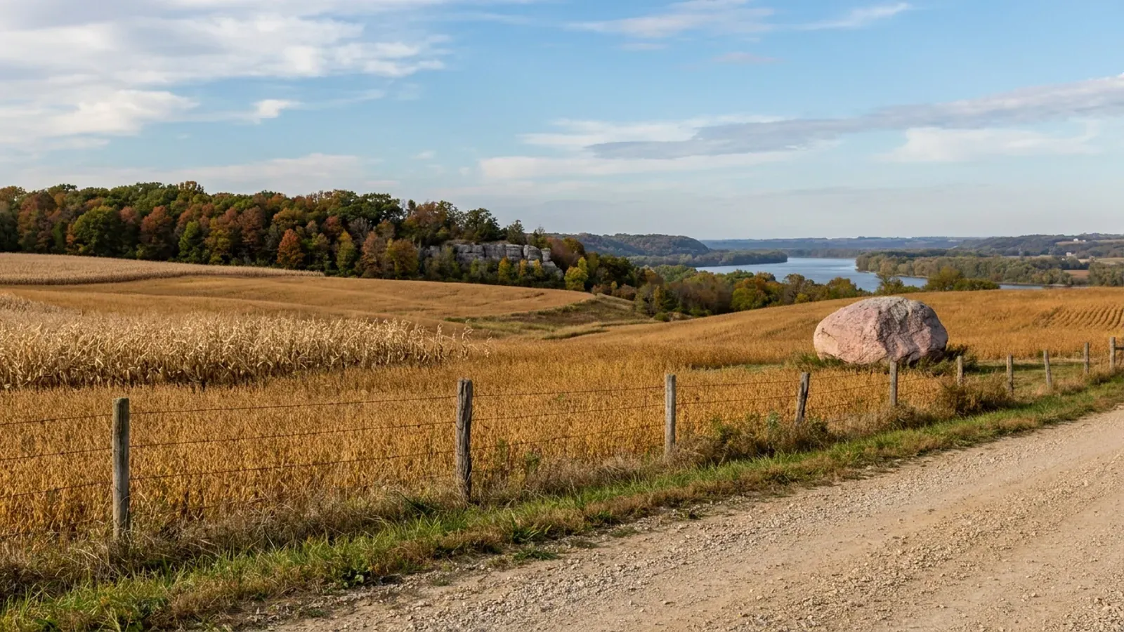 Eastern Iowa farmland at harvest with golden soybean fields, a lone glacial boulder at the field edge and a wooded river bluff beyond.