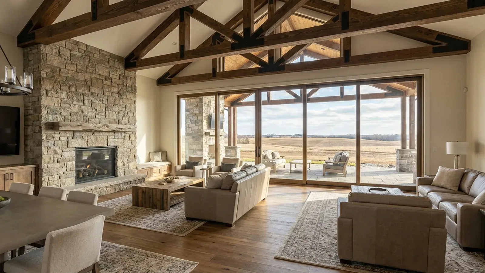 A vaulted barndominium great room with exposed wood trusses, a wall of glazed sliding doors, and a stone-clad fireplace.