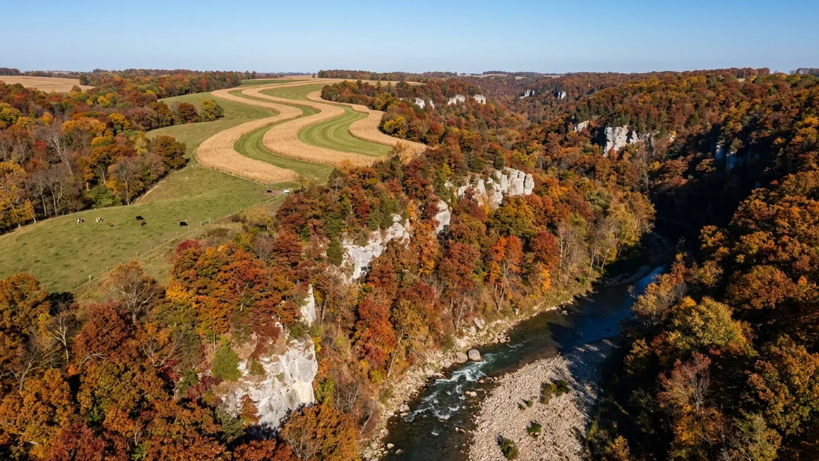 North-east Iowa bluff country in autumn colour, with limestone ledges above a valley stream and contour-strip fields on the ridge.