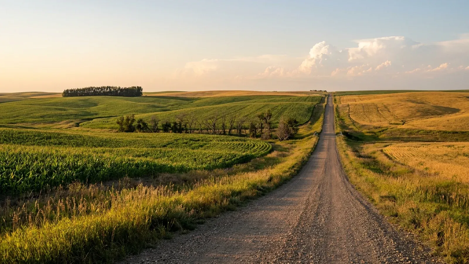 Broad open north-west Iowa upland of large corn and soybean fields, a gravel road running over the swells under a huge sky.