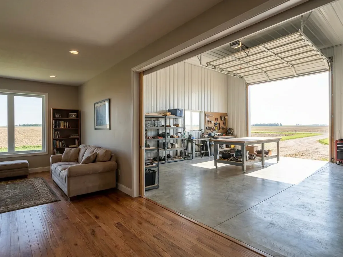 The interior of a shouse where a finished living area with warm flooring meets a shop bay with polished concrete and a tall roll-up door.