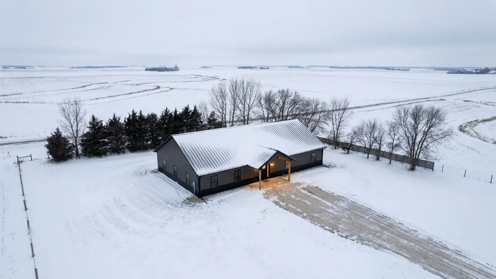 A completed single-story barndominium with a long, low snow-covered roofline in a winter yard, with a conifer windbreak behind.