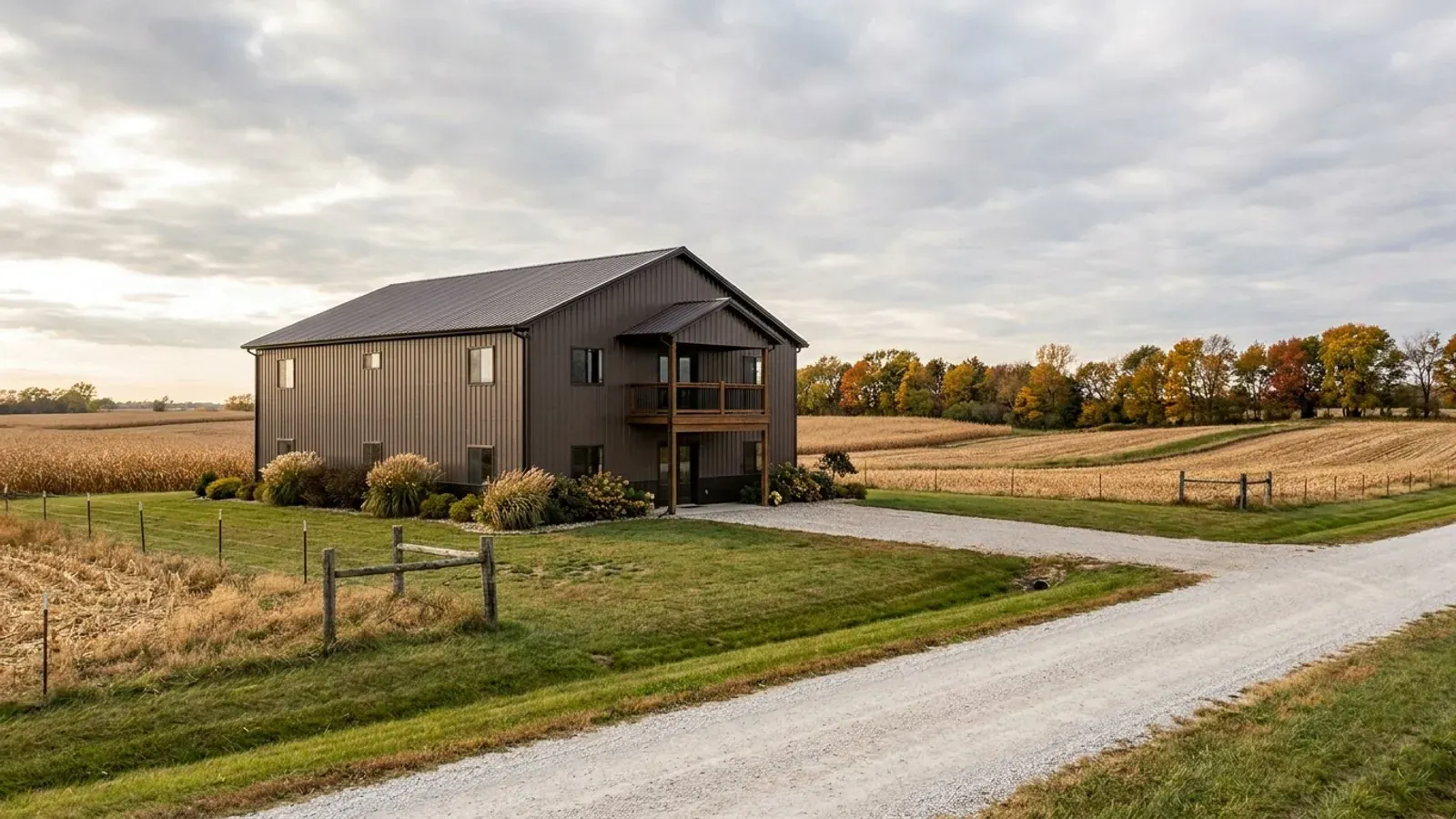 A completed two-story barndominium with visible second-story windows and a small covered balcony above the entry porch.